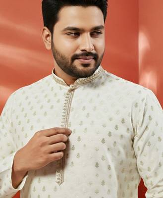 cream silk jacquard kurta with pyjama - premium wedding set 2