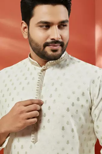 cream silk jacquard kurta with pyjama - premium wedding set