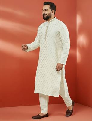 cream silk jacquard kurta with pyjama - premium wedding set 3