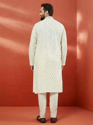 cream silk jacquard kurta with pyjama - premium wedding set 4