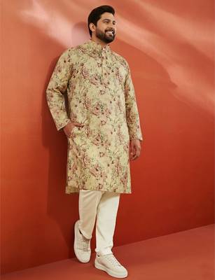 beige printed kurta with cream pyjama - floral festive set 1