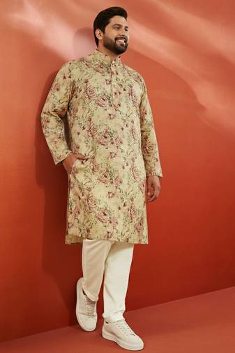 men's beige printed kurta with cream pyjama - floral festive set