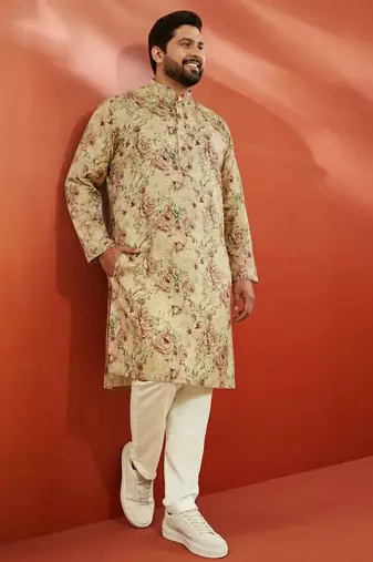 men's beige printed kurta with cream pyjama - floral festive set