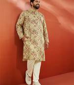 beige printed kurta with cream pyjama - floral festive set