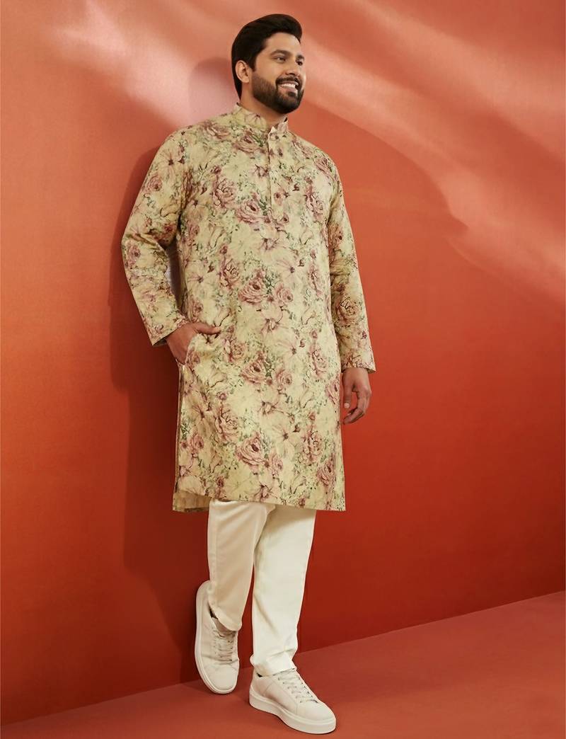 men's beige printed kurta with cream pyjama - floral festive set