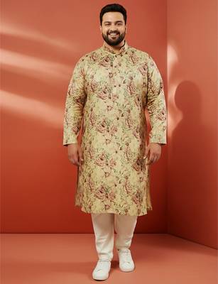beige printed kurta with cream pyjama - floral festive set 3