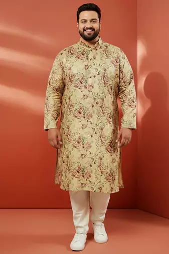 beige printed kurta with cream pyjama - floral festive set