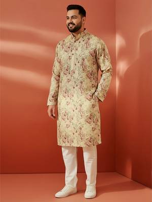 beige printed kurta with cream pyjama - floral festive set 4