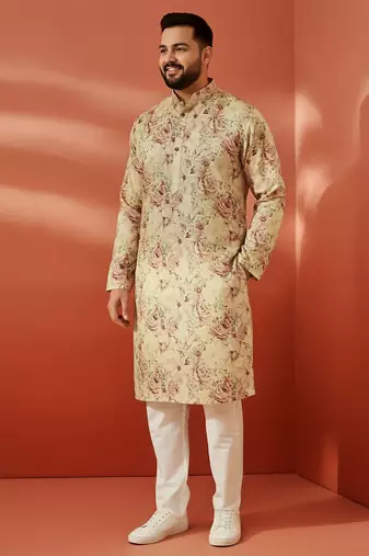 beige printed kurta with cream pyjama - floral festive set