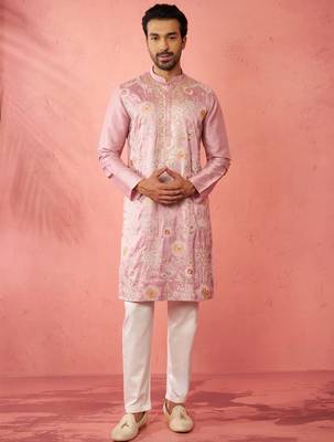 men's onion silk blend kurta with cream pyjama - designer festive set 1