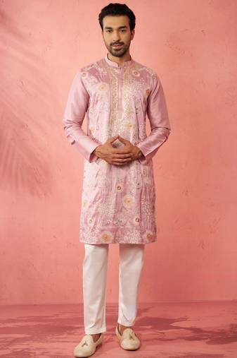 men's onion silk blend kurta with cream pyjama - designer festive set
