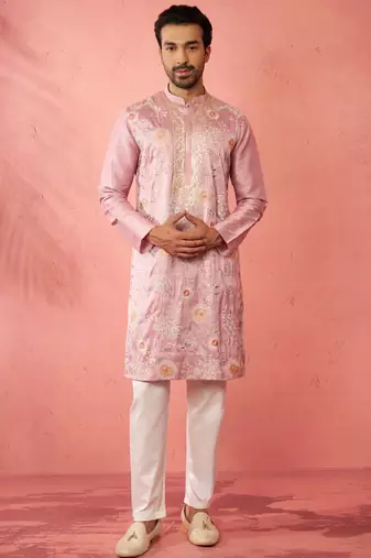 men's onion silk blend kurta with cream pyjama - designer festive set