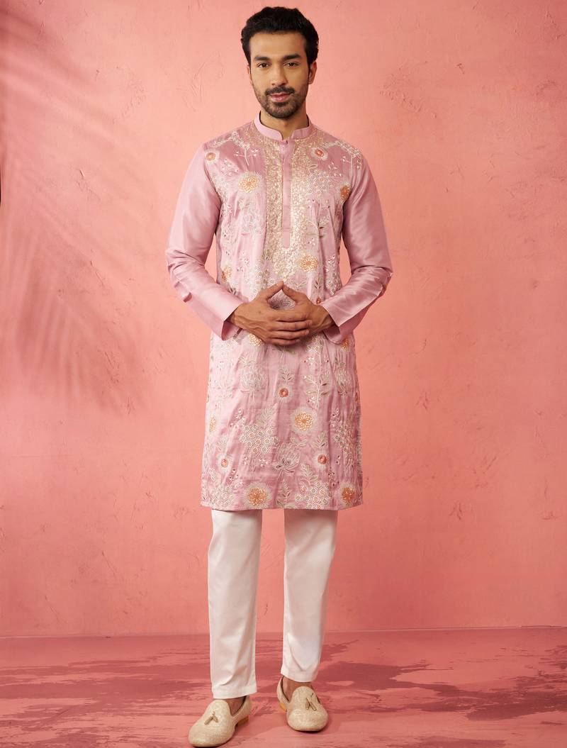 men's onion silk blend kurta with cream pyjama - designer festive set