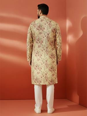 beige printed kurta with cream pyjama - floral festive set 5