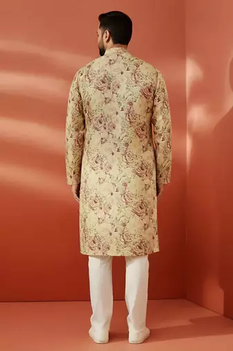 beige printed kurta with cream pyjama - floral festive set