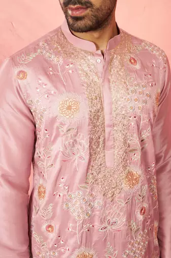 men's onion silk blend kurta with cream pyjama - designer festive set