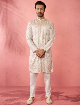 men's grey silk blend kurta with cream pyjama - traditional festive set 1