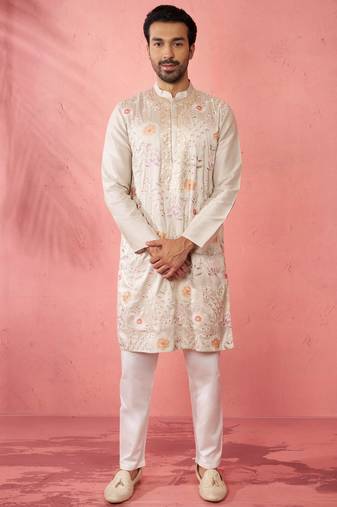 men's grey silk blend kurta with cream pyjama - traditional festive set