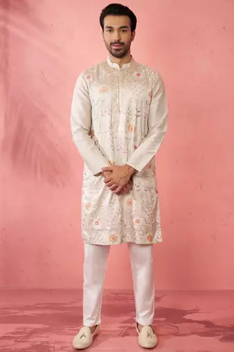 men's grey silk blend kurta with cream pyjama - traditional festive set