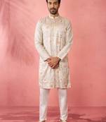 men's grey silk blend kurta with cream pyjama - traditional festive set