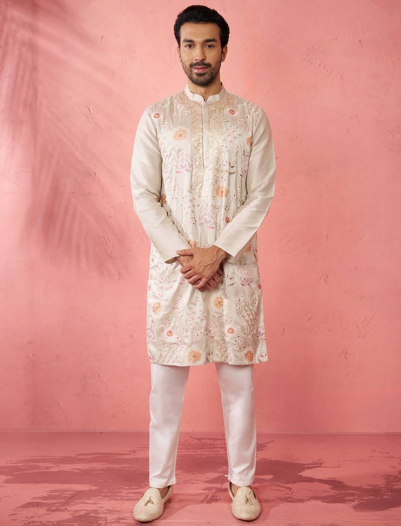 men's grey silk blend kurta with cream pyjama - traditional festive set