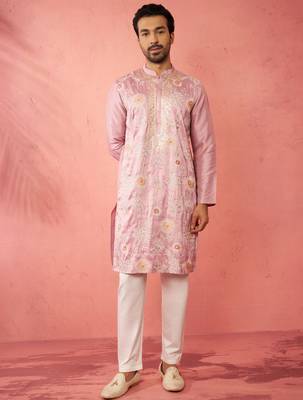 men's onion silk blend kurta with cream pyjama - designer festive set 3