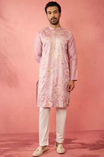 men's onion silk blend kurta with cream pyjama - designer festive set