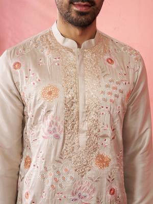 men's grey silk blend kurta with cream pyjama - traditional festive set 2