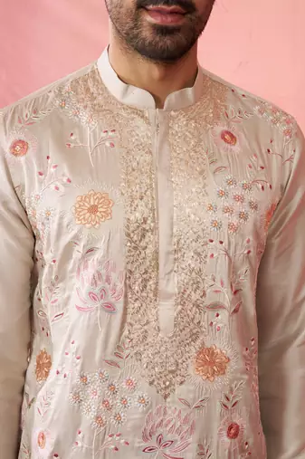 men's grey silk blend kurta with cream pyjama - traditional festive set