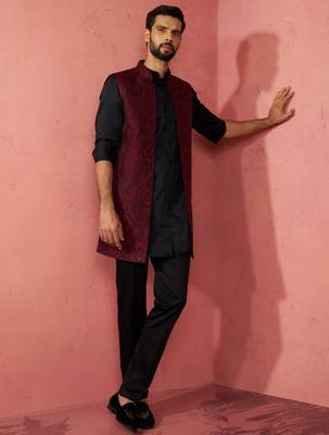 men's wine silk nehru jacket kurta set - traditional festive wear 1