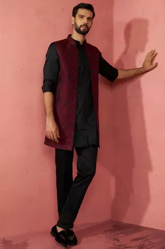 men's wine silk nehru jacket kurta set - traditional festive wear
