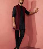 men's wine silk nehru jacket kurta set - traditional festive wear