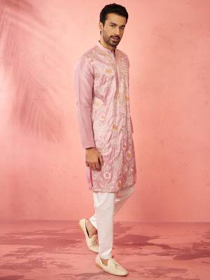 men's onion silk blend kurta with cream pyjama - designer festive set 4