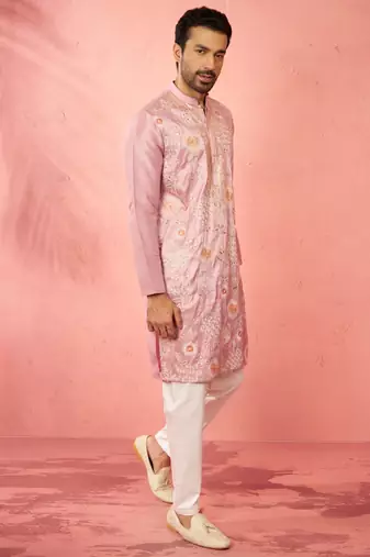 men's onion silk blend kurta with cream pyjama - designer festive set