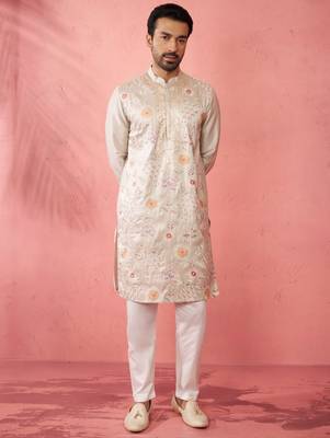 men's grey silk blend kurta with cream pyjama - traditional festive set 3