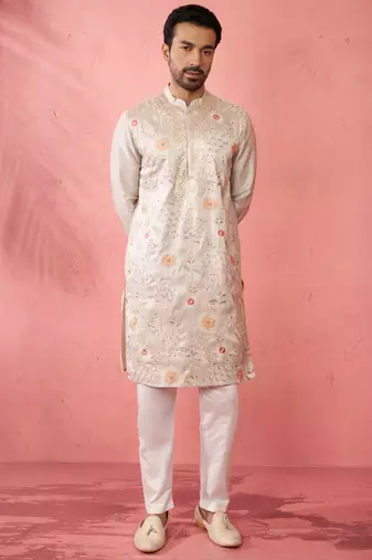 men's grey silk blend kurta with cream pyjama - traditional festive set