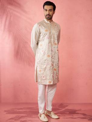 men's grey silk blend kurta with cream pyjama - traditional festive set 4