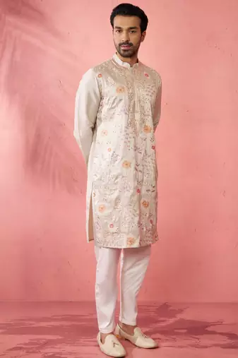 men's grey silk blend kurta with cream pyjama - traditional festive set