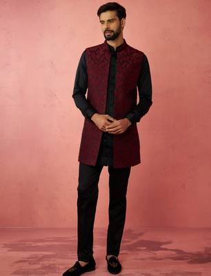 men's wine silk nehru jacket kurta set - traditional festive wear 3
