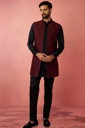men's wine silk nehru jacket kurta set - traditional festive wear