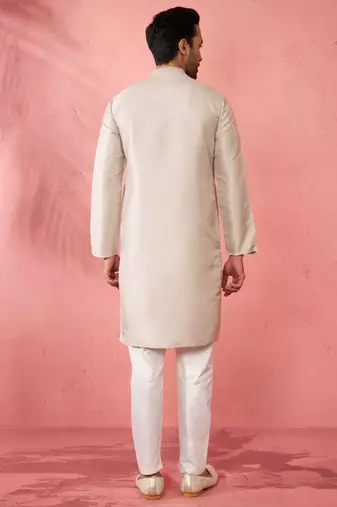 men's grey silk blend kurta with cream pyjama - traditional festive set