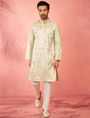 men's light green silk blend kurta with cream pyjama - festive embroidered set 1