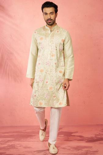 men's light green silk blend kurta with cream pyjama - festive embroidered set