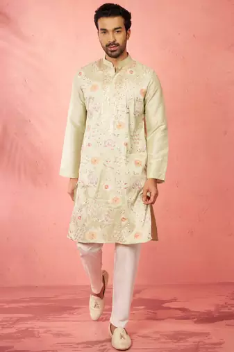 men's light green silk blend kurta with cream pyjama - festive embroidered set