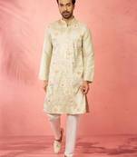 men's light green silk blend kurta with cream pyjama - festive embroidered set