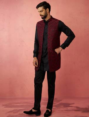 men's wine silk nehru jacket kurta set - traditional festive wear 4