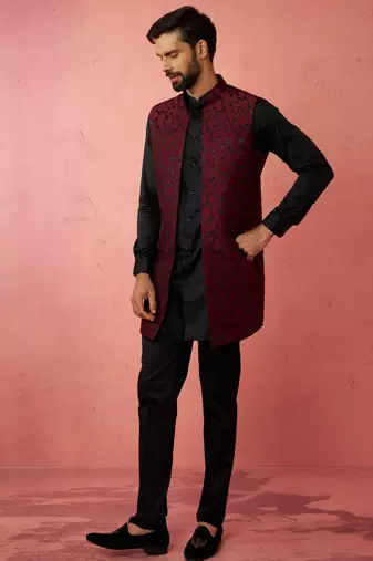 men's wine silk nehru jacket kurta set - traditional festive wear