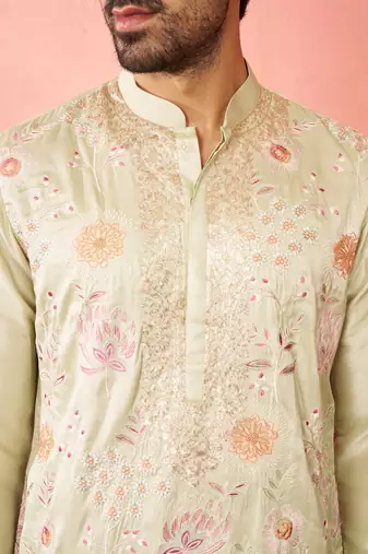 men's light green silk blend kurta with cream pyjama - festive embroidered set