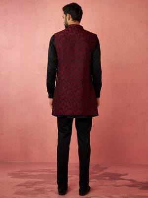 men's wine silk nehru jacket kurta set - traditional festive wear 5