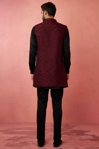 men's wine silk nehru jacket kurta set - traditional festive wear